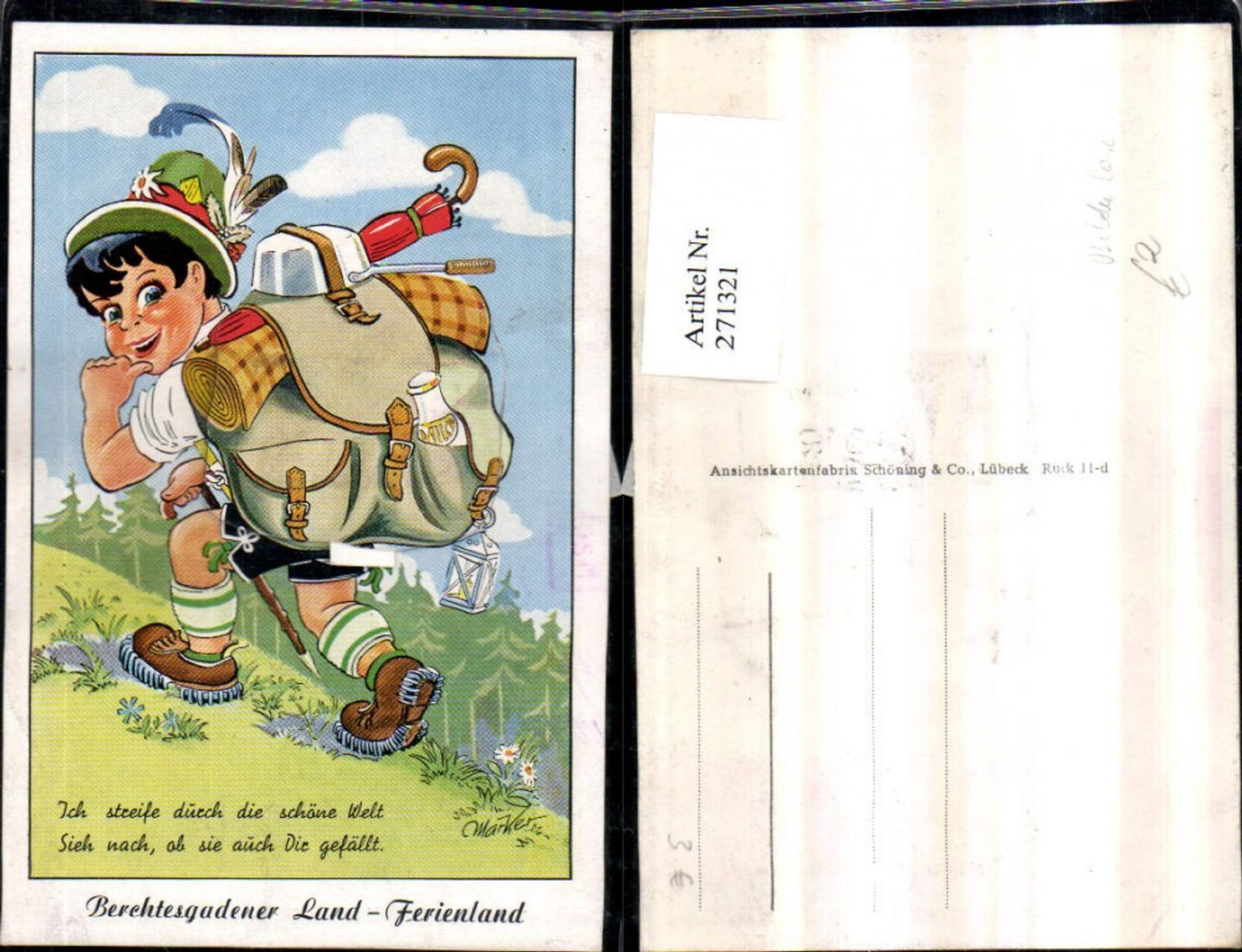 271321,Leporello Künstler AK Marker Königssee Maria Gern Berchtesgaden Watzmann Junge m. Rucksack Federhut Schirm