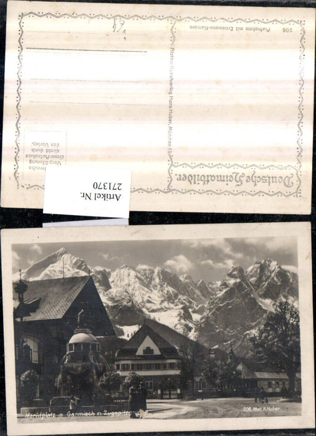 271370,Garmisch Marktplatz Brunnen Straßenansicht m. Zugspitzgruppe Bergkulisse pub Hans Huber 206
