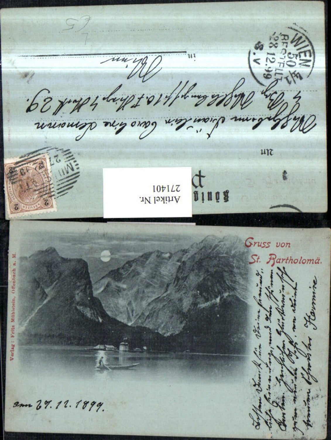 271401,Litho AK Gruß von St. Bartholomä am Königssee Bergkulisse Ruderboot
