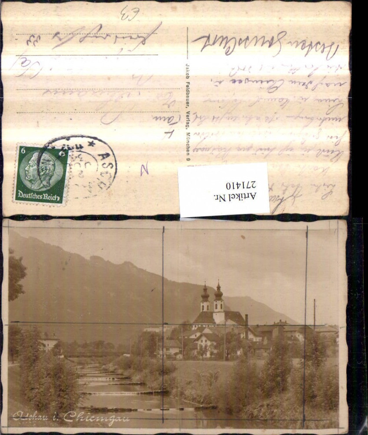 271410,Aschau im Chiemgau Teilansicht Kirche Fluss Bergkulisse