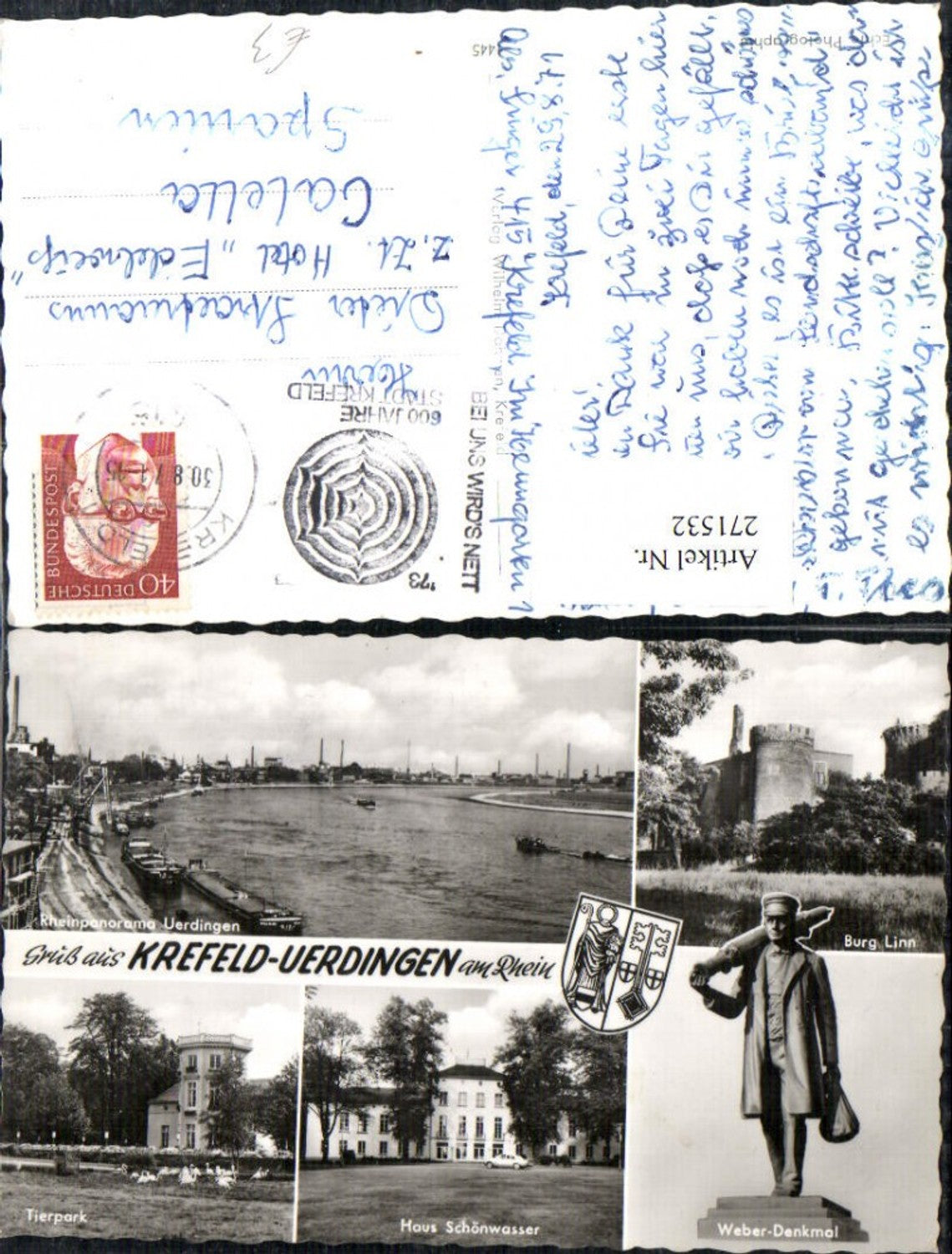 271532,Gruß aus Krefeld Uerdingen Rheinpanorama Tierpark Burg Linn Weber-Denkmal Haus Schönwasser Mehrbildkarte