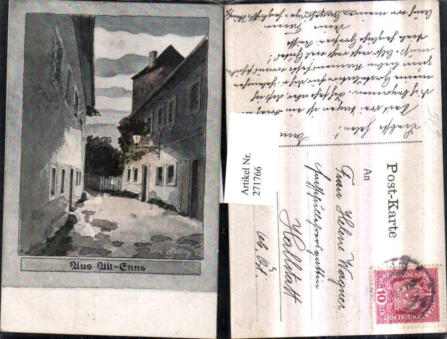 271766,Künstler AK Alt-Enns Straßenansicht Laterne