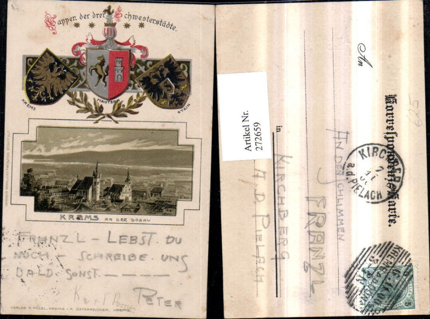 272659,Präge AK Krems an d. Donau Totale Passepartout Wappen d. Schwesterstädte