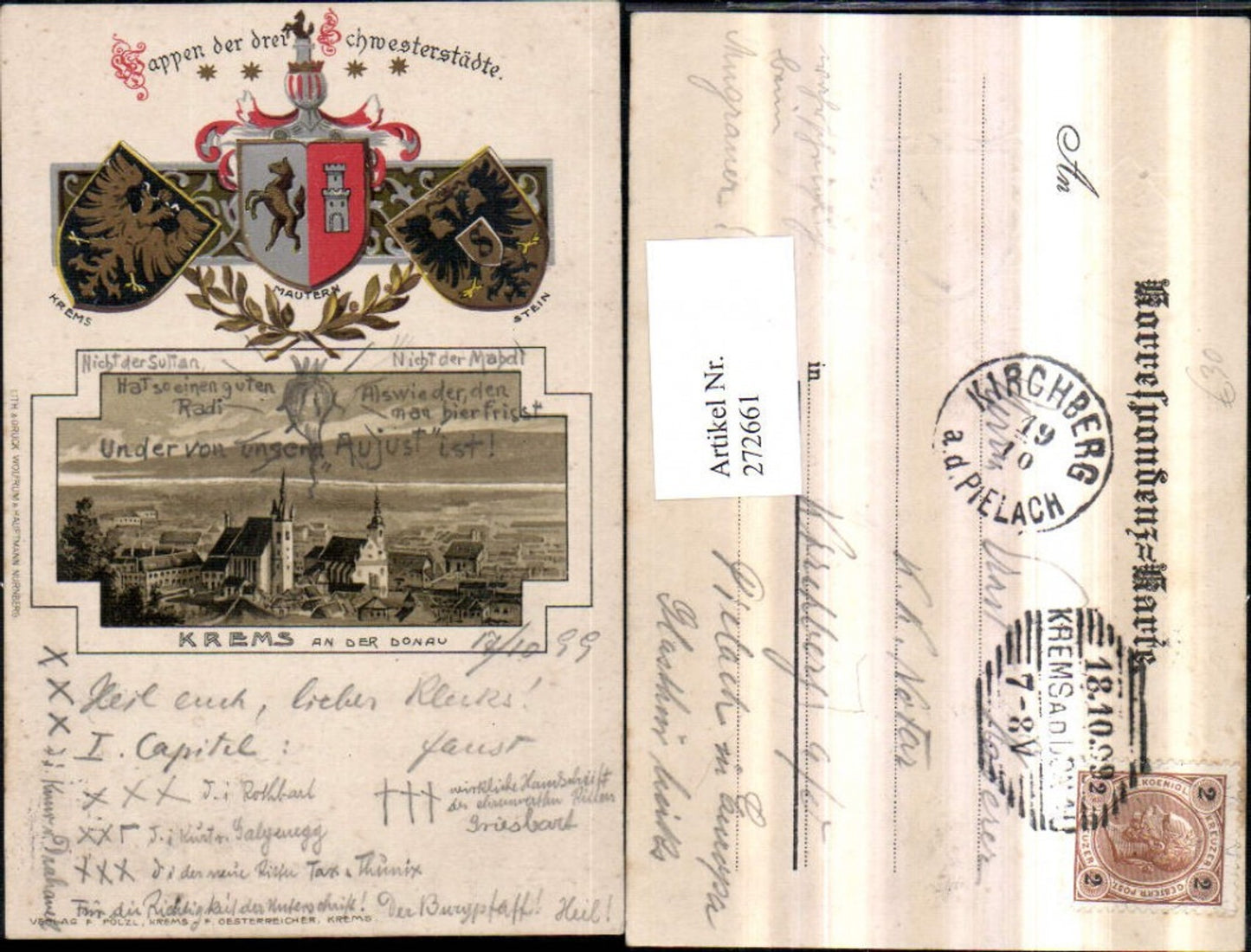 272661,Präge AK Krems an d. Donau Totale Passepartout Wappen d. Schwesterstädte
