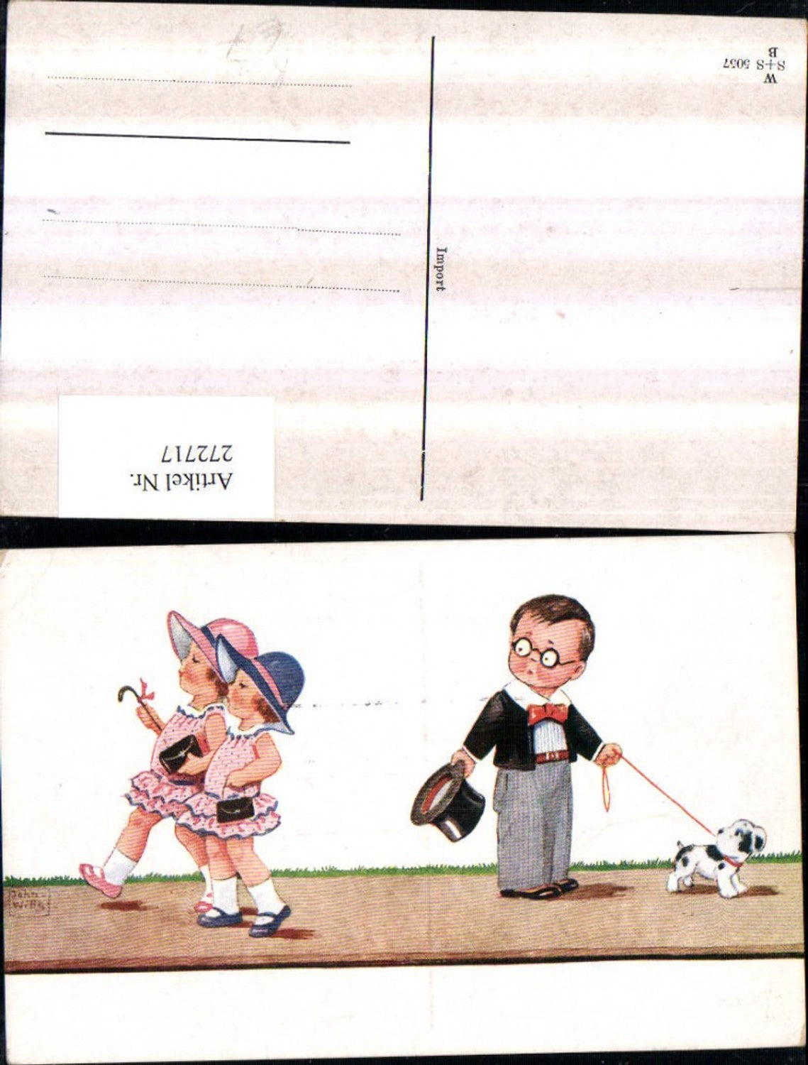272717,Künstler AK Willi Scheuermann John Willis Kinder als Erwachsene Zylinder Hut Mädchen m. Kleider Taschen