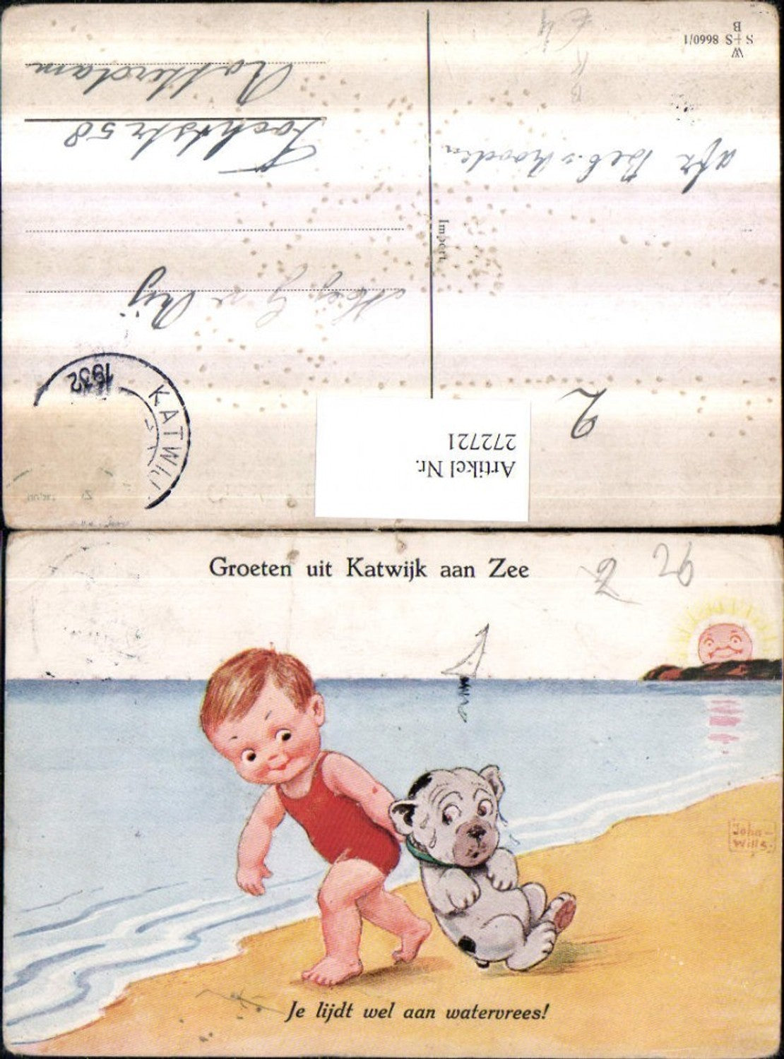272721,Künstler AK Willi Scheuermann John Willis Junge im Badeanzug schleift Hund zum Meer Sonnengesicht