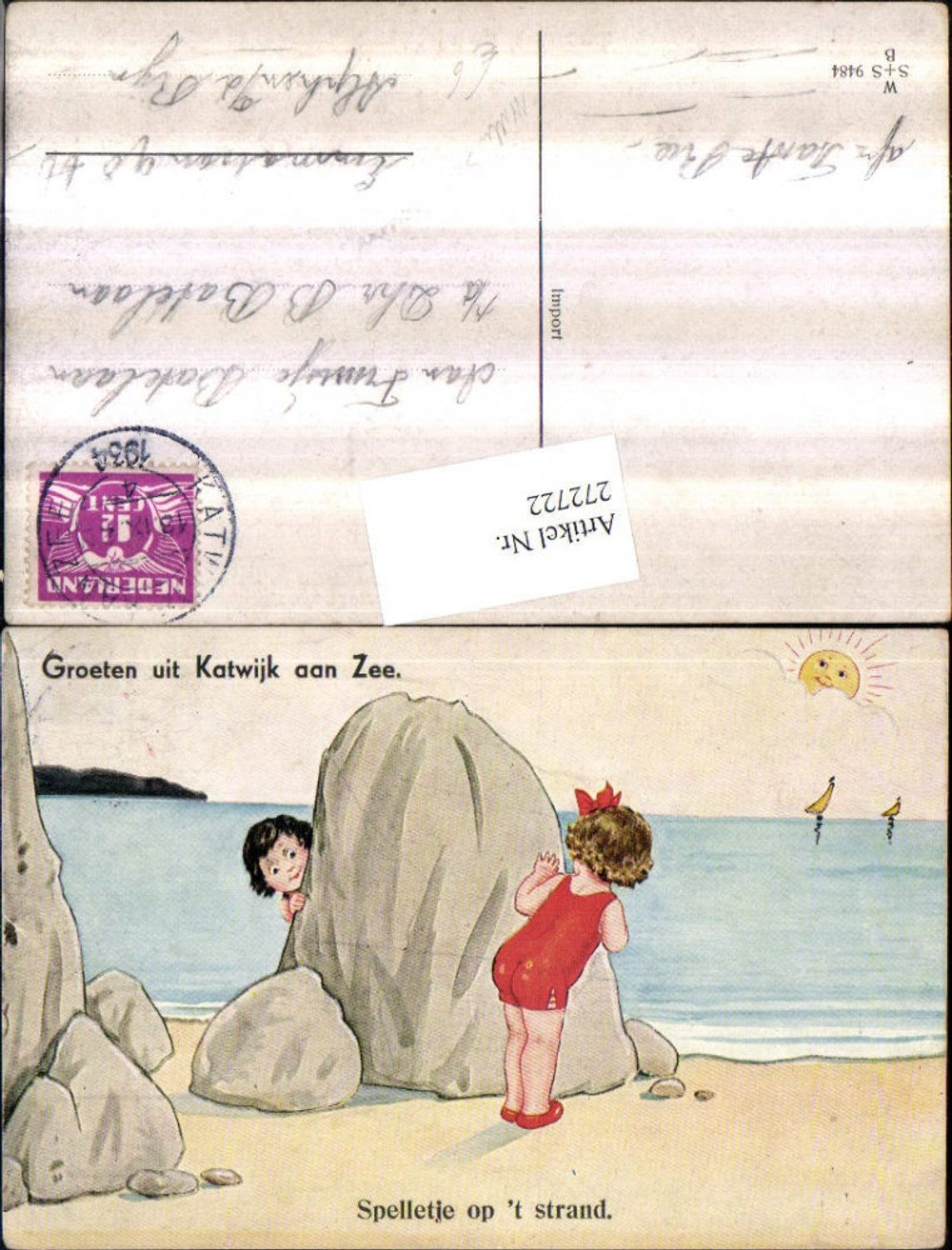 272722,Künstler AK Willi Scheuermann John Willis Katwijk aan Zee Mädchen im Badeanzug Felsen Strand Sonnengesicht