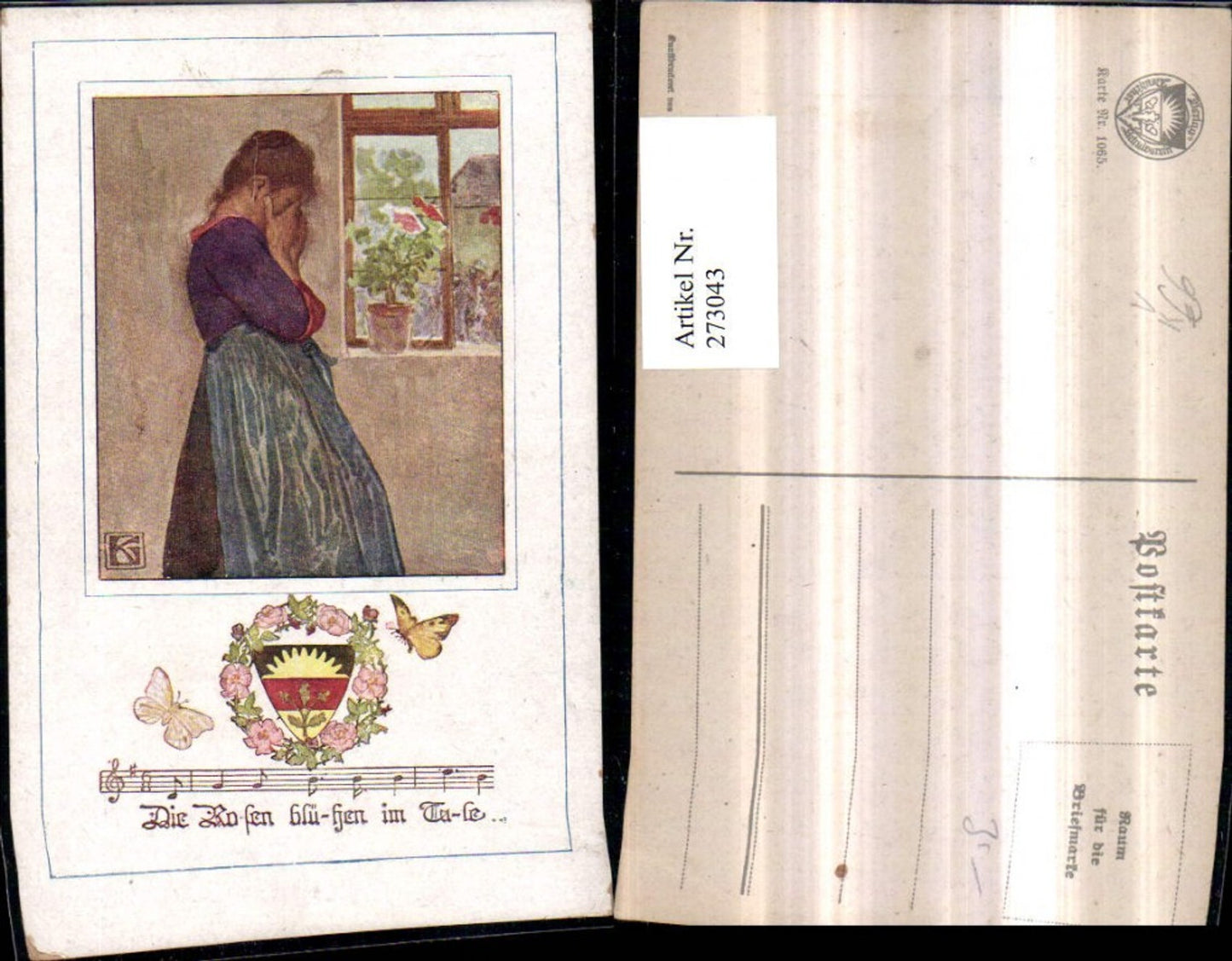 273043,Deutscher Schulverein 1065 Künstlerkarte Frau Mädchen weint Fenster Blumenstock Passepartout Liedzeile