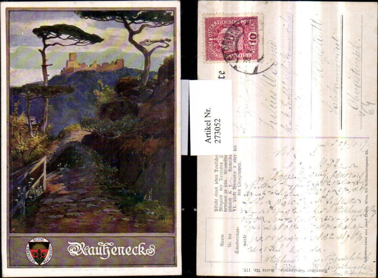 273052,Deutscher Schulverein 172 Künstlerkarte Rauheneck Burgruine Ruine Wegpartie