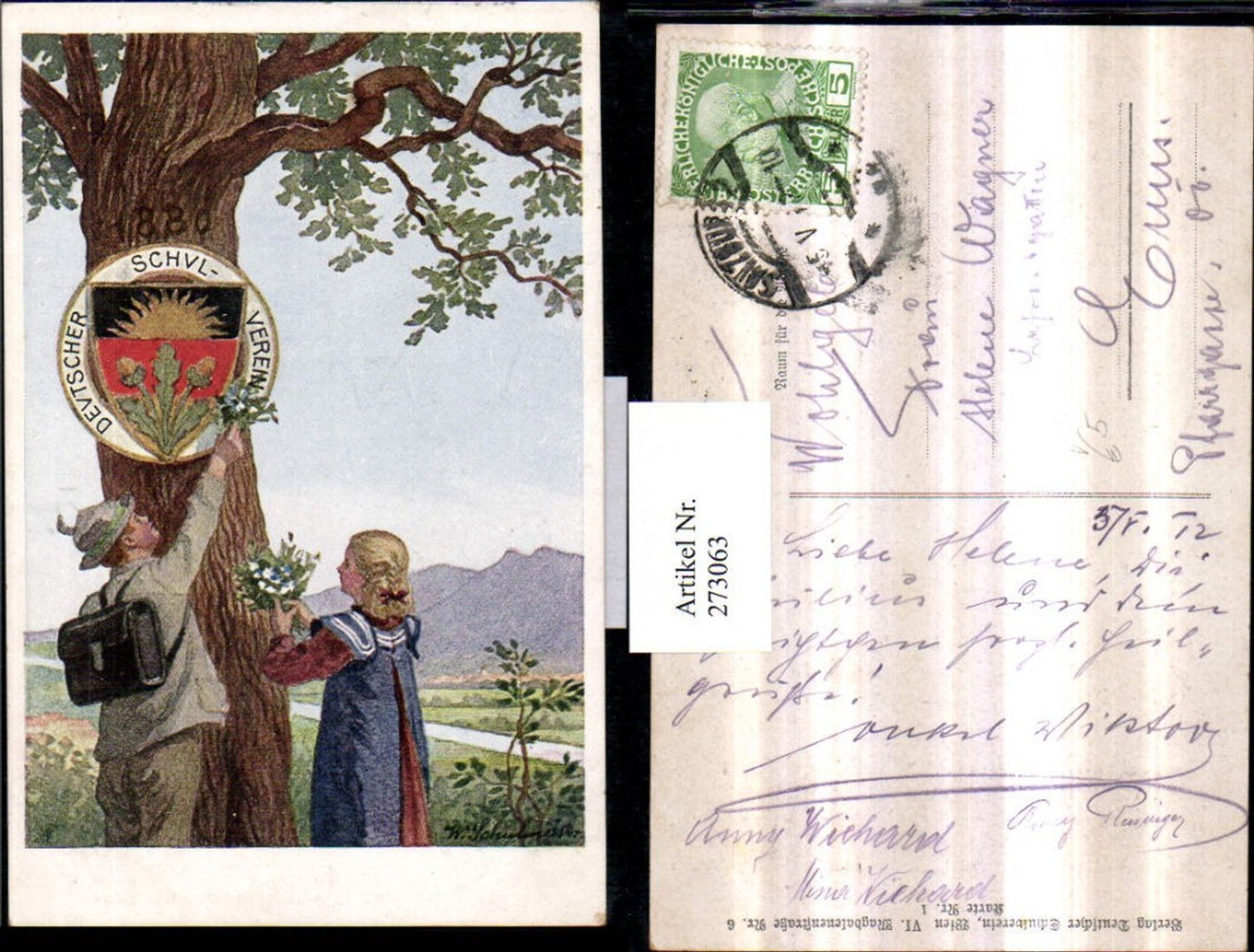 273063,Deutscher Schulverein 1 Künstler W. Schulmeister Mann Frau Federhut Rucksack Blumensträuße Baum Wappen
