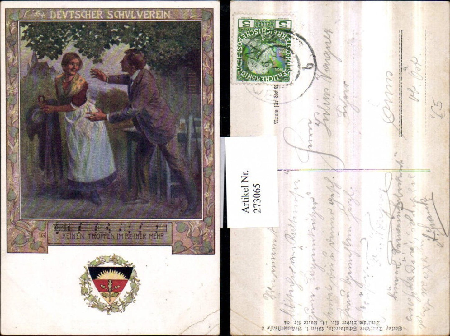 273065,Deutscher Schulverein 84 Künstlerkarte Mann m. Anzug Frau m Kleid Mantel Stock Hut Liedzeile
