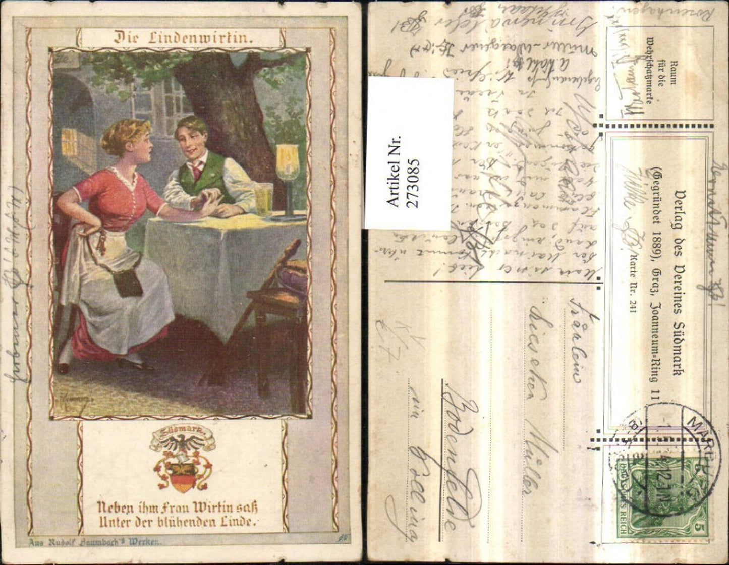 273085,Verein Südmark 241 Künstlerkarte Die Lindenwirtin Mann b. Tisch Frau m. Kleid Passepartout