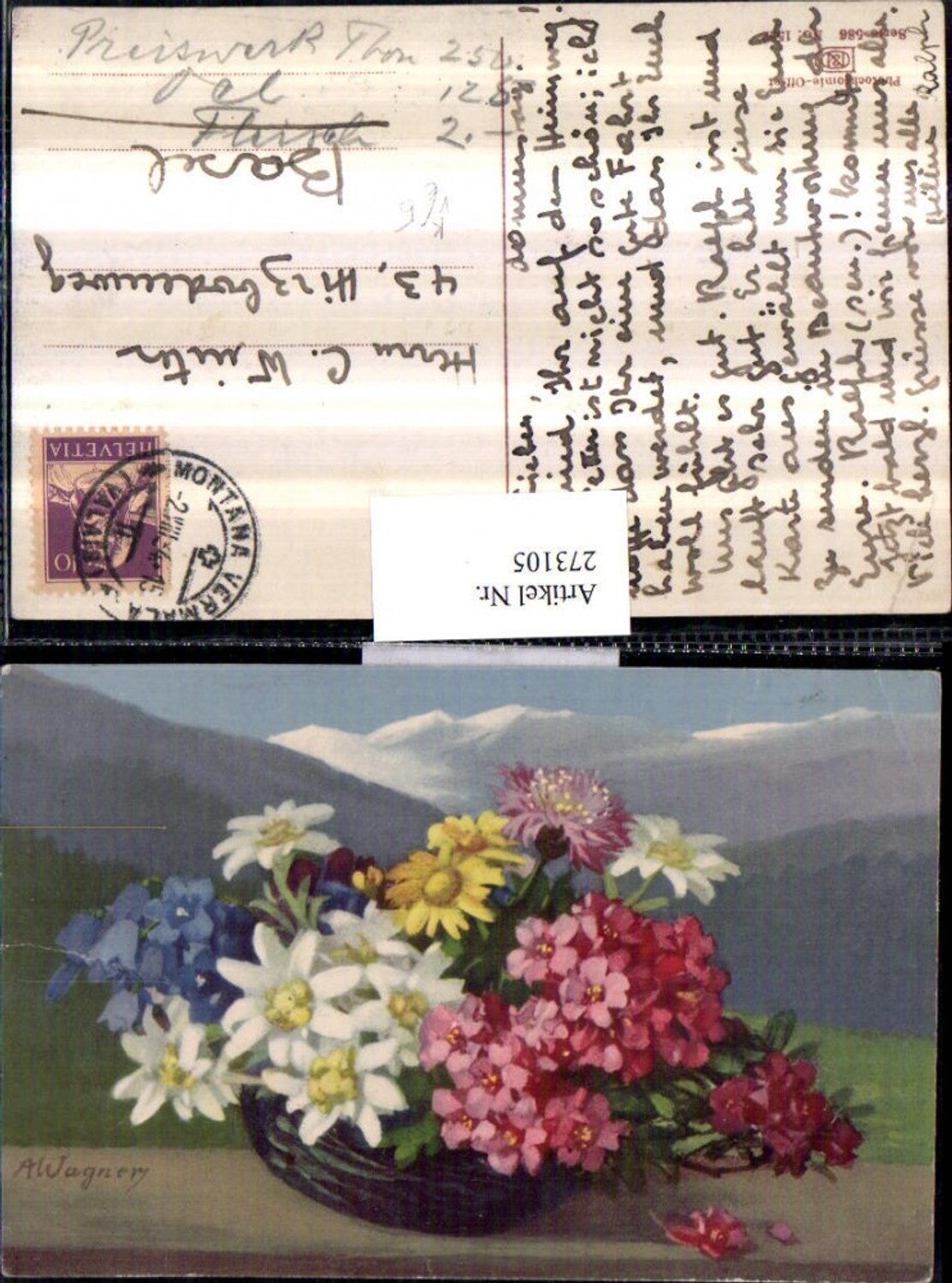 273105,Photochromie Nenke & Ostermaier 586/1522 Künstler A. Wagner Alpenblumen Edelweiß Enzian Korb Bergkulisse