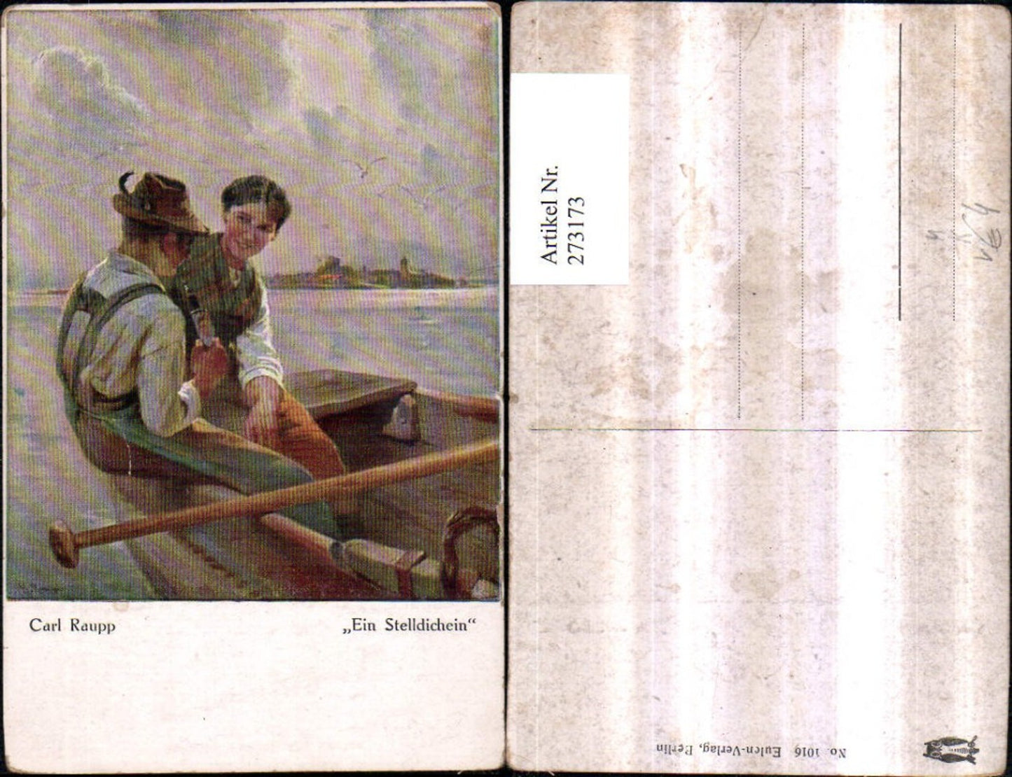 273173,Künstler AK Carl Raupp Ein Stelldichein Ruderboot Mann u. Frau Federhut Pfeife pub Eulen-Verlag 1016