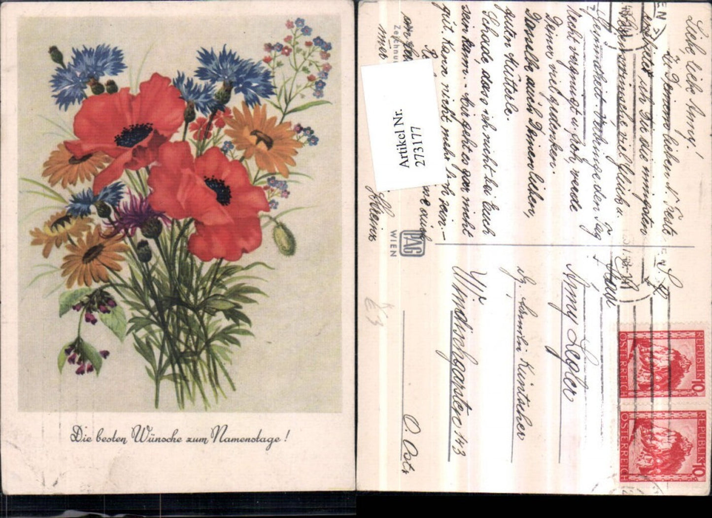 273177,Künstler AK Adolf Richter Namenstag Blumenstrauß Mohnblume Kornblume