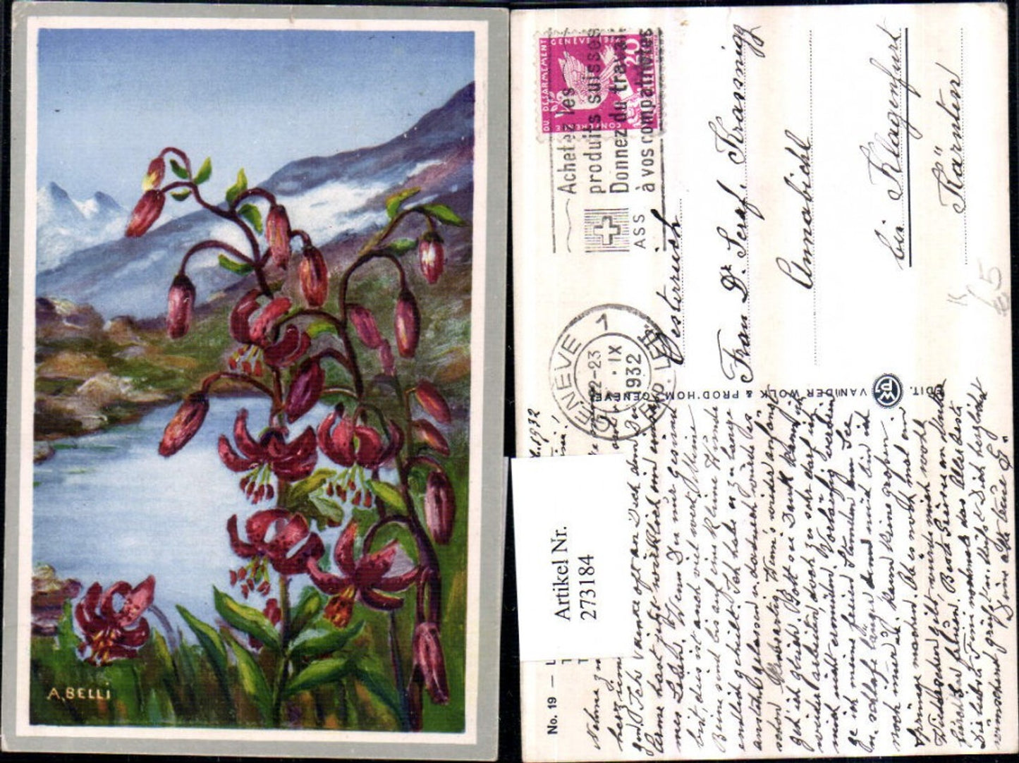 273184,Künstler AK A. Belli Türkenbund Blumen Bergkulisse See