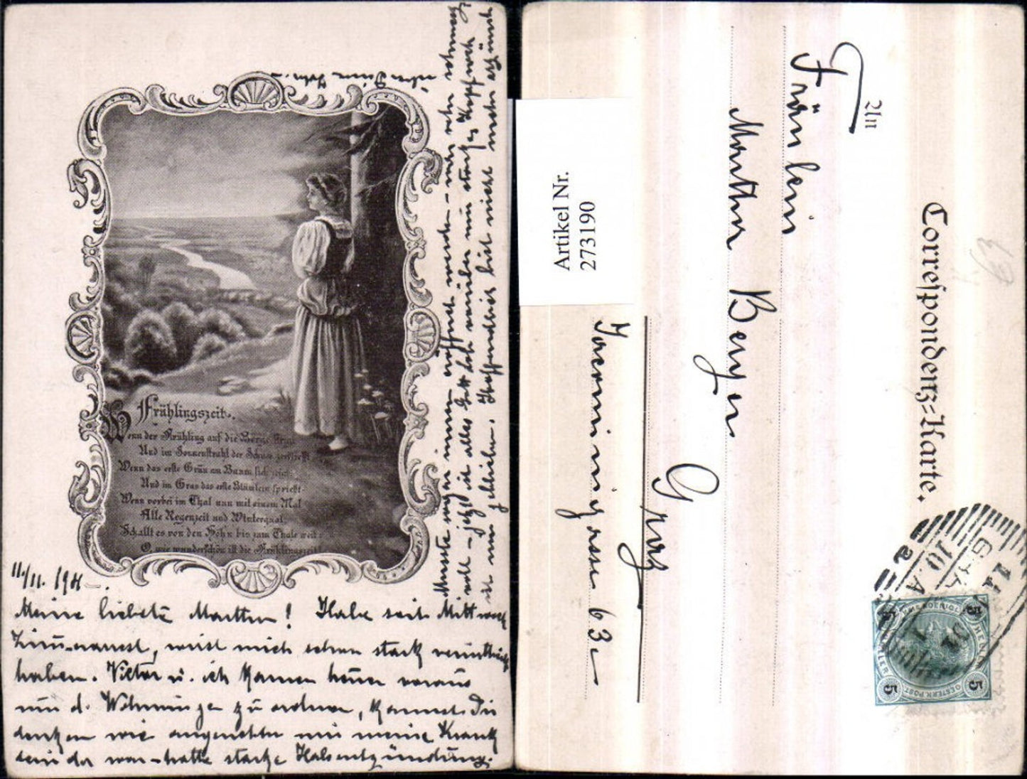 273190,Künstler AK Frühlingszeit Frau in Tracht Landschaft Text Gedicht Passepartout