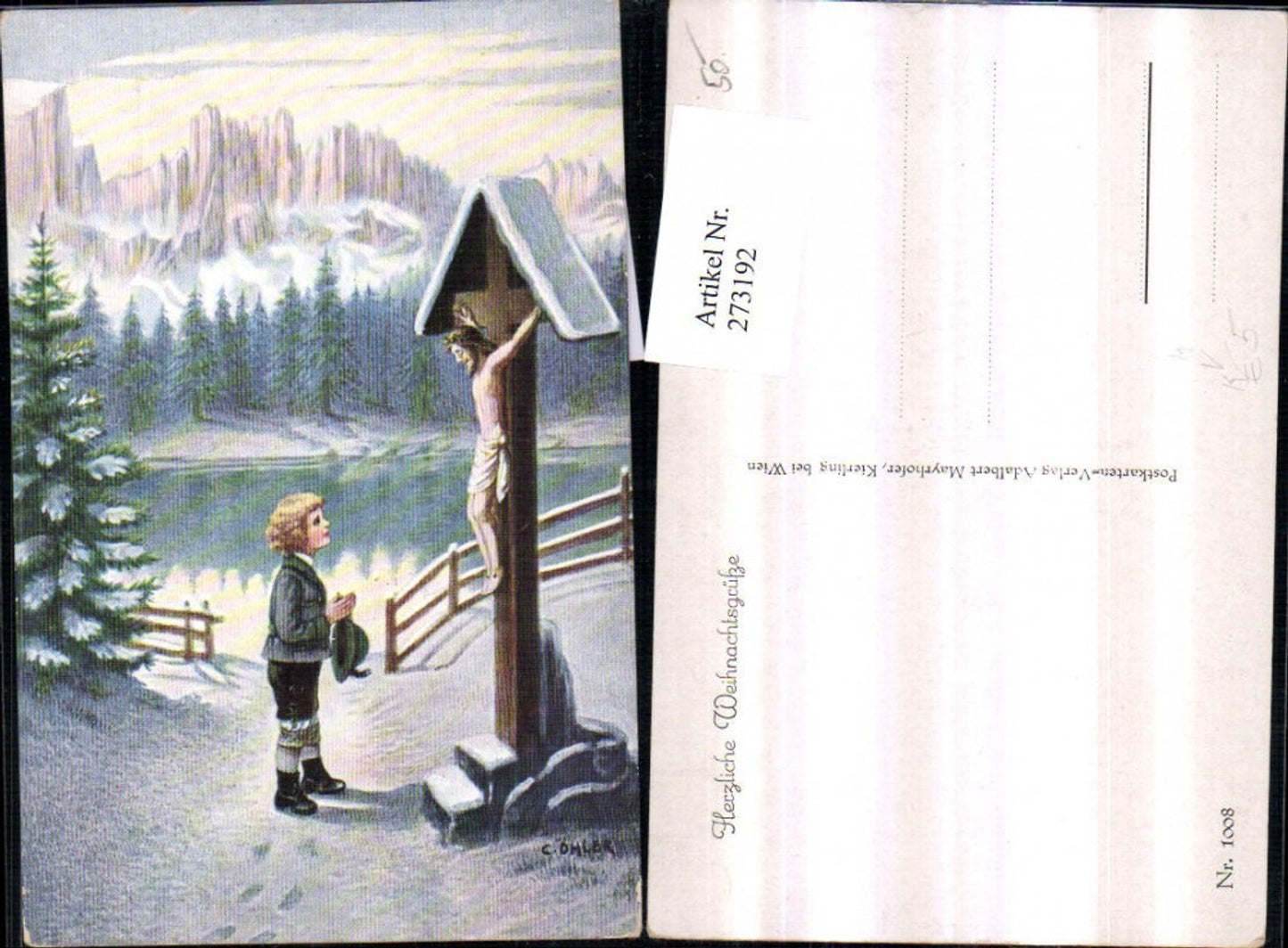 273192,Künstler AK C. Öhler Kind m. Federhut betet vor Wegkreuz Kreuz Bergkulisse Winterbild pub Adalbert Mayrhofer 10
