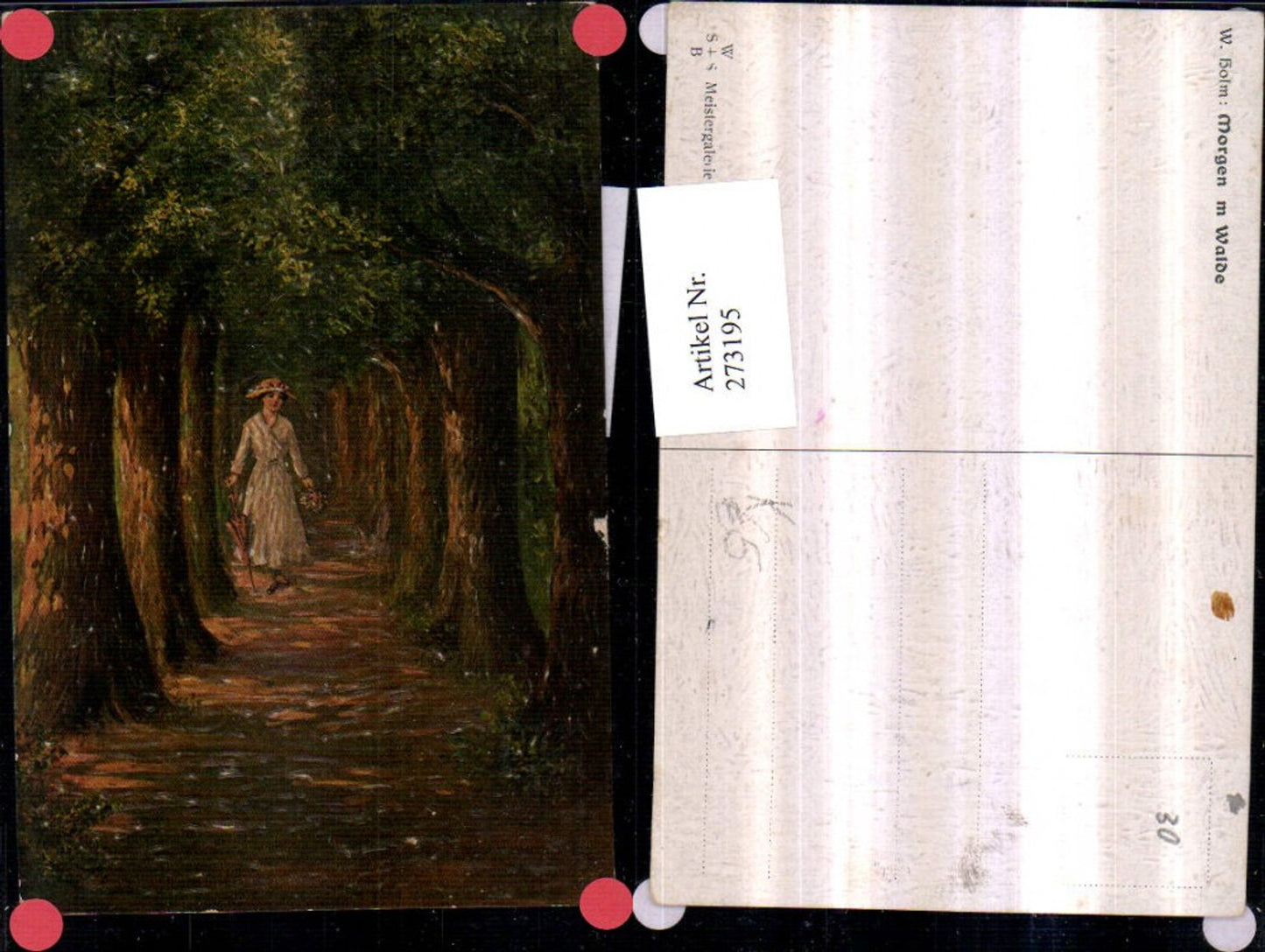 273195, Artist AK W. Holm, oil painting, Morning in the Forest, Woman with Dress, Hat, Parasol, Path