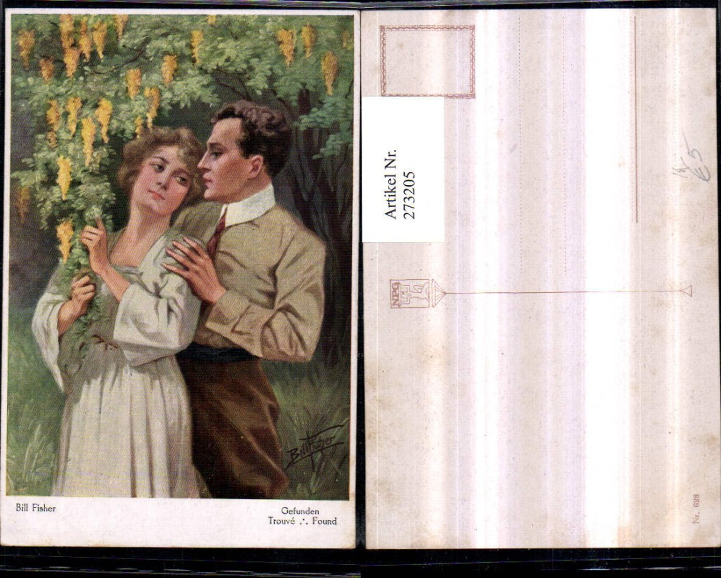 273205,Künstler AK Bill Fisher Gefunden Liebespaar Liebe Paar Frau m. Kleid Goldregen