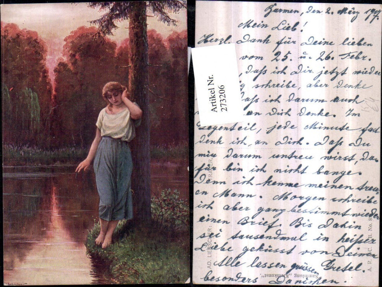 273206,Künstler AK Ad. Liebscher Trauer Frau m. Kleid Sehnsucht Baum Gewässer