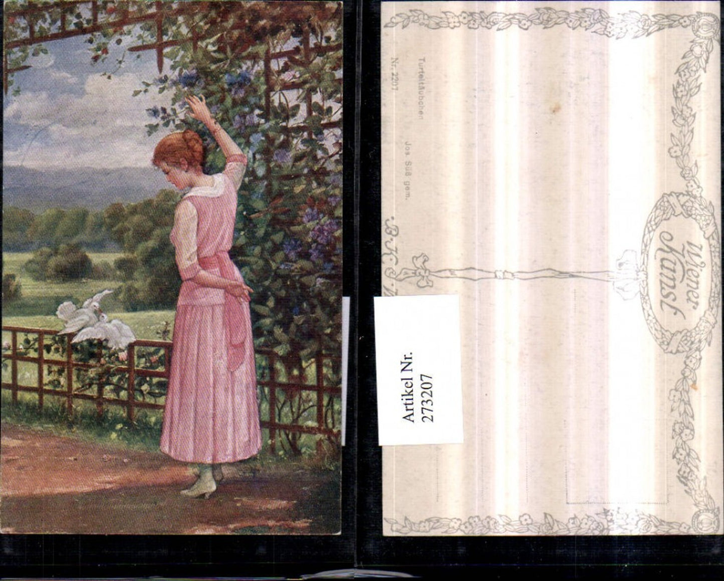 273207,Künstler AK Josef Süß Turteltäubchen Tauben Frau m. Kleid Gartenlaube pub Brüder Kohn B.K.W.I. 2207