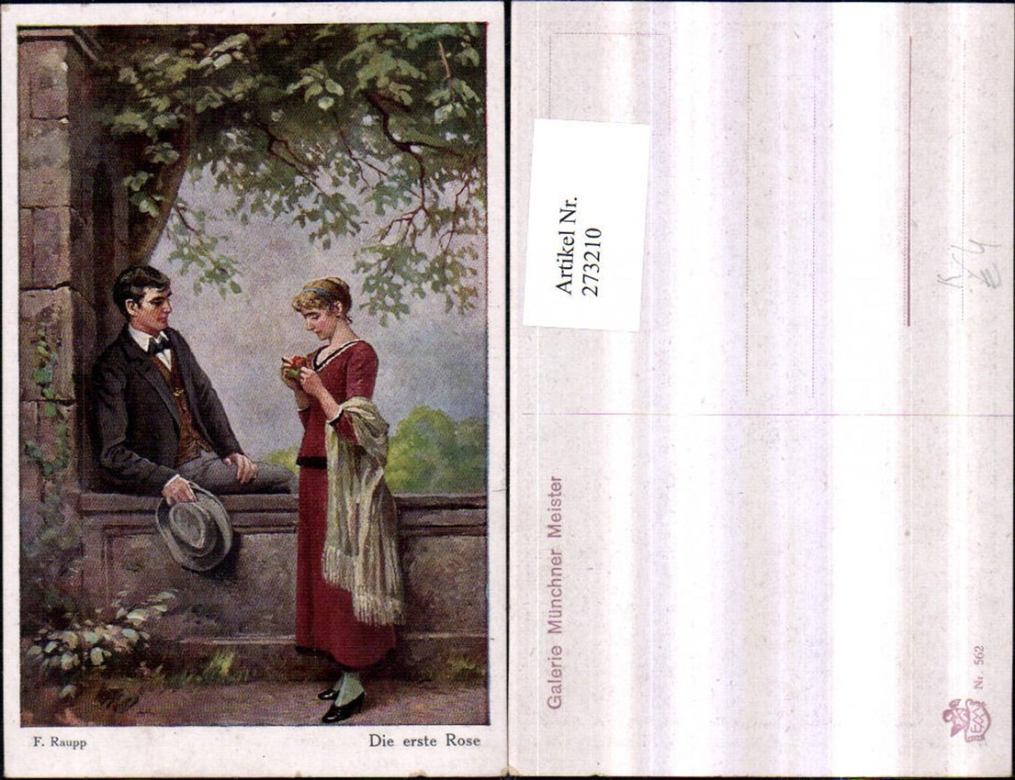 273210,Künstler AK F. Raupp Die erste Rose Liebespaar Liebe Frau m. Tuch Rose Mann m. Hut Anzug