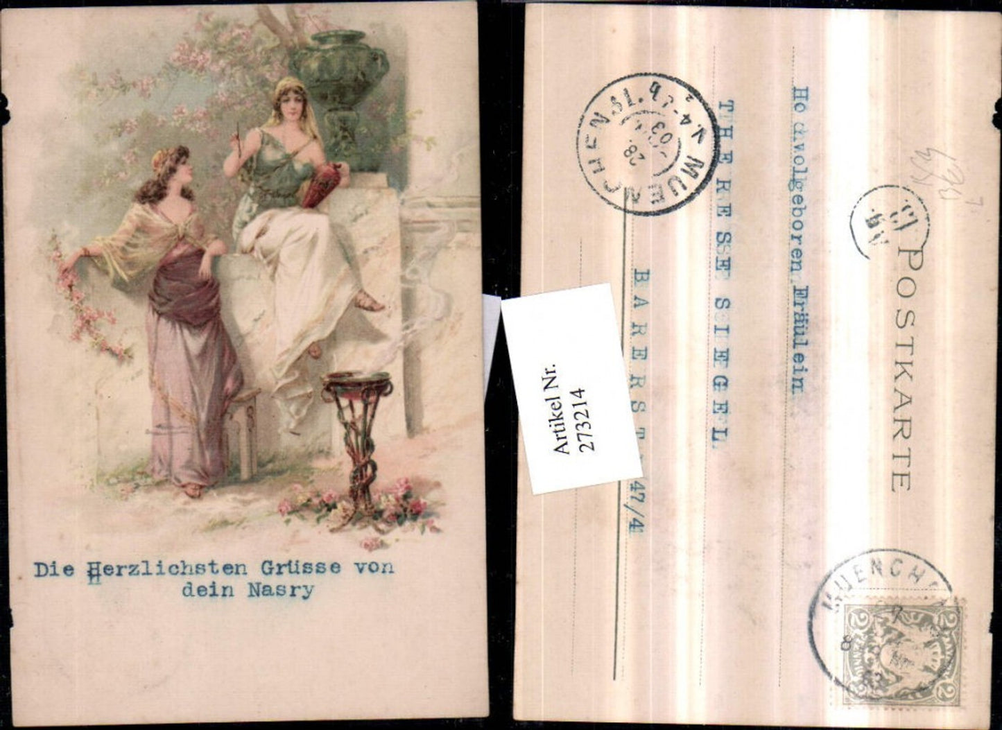 273214,Künstler Litho AK Frauen m. Kleider Pinsel Vase Blumen Rosen