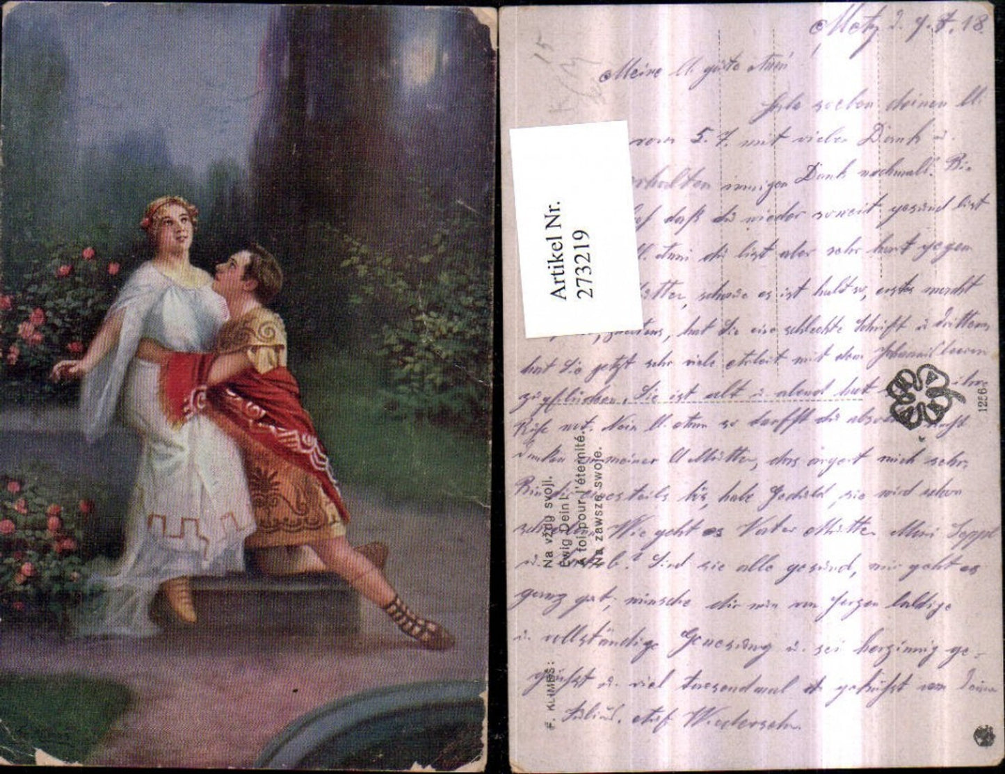 273219,Künstler AK F. Klimes Ewig Dein Griechisches Liebespaar Liebe Paar Sandalen Kleid