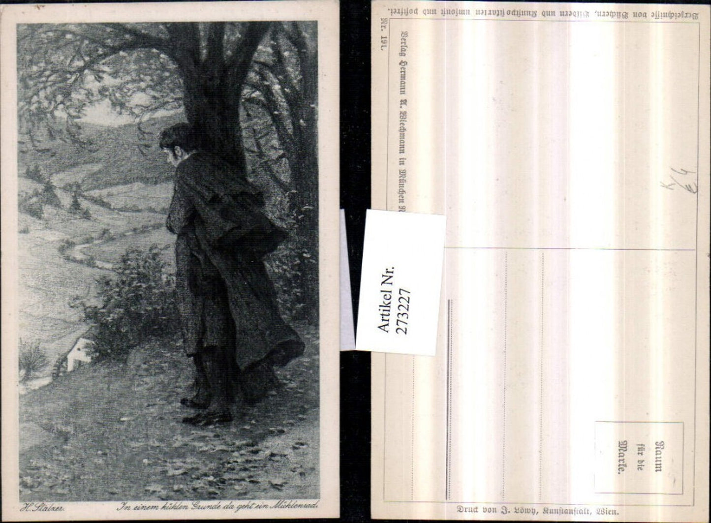 273227,Künstler AK H. Stalzer Mann m. Mantel Wassermühle Mühle Landschaft