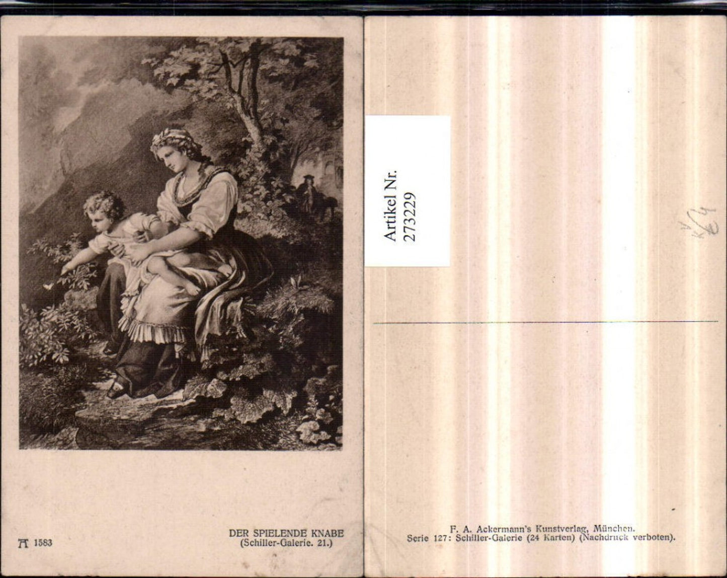 273229,Künstler AK Schiller Der spielende Knabe Frau in Tracht m. Kind Schmetterling pub Ackermann 1583