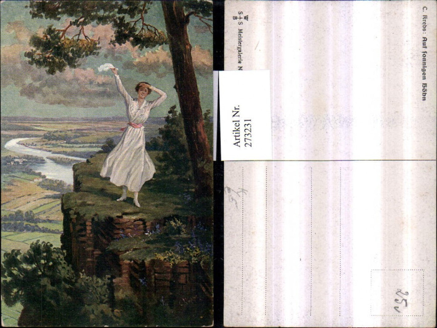 273231,Künstler AK C. Krebs Auf sonnigen Höhn Frau m. Kleid Tuch Blick ins Tal