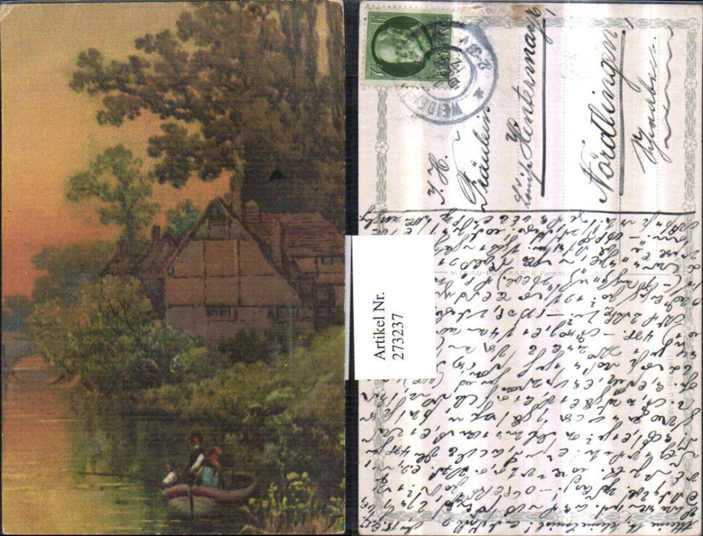 273237,Künstler AK Hausansicht Ruderboot Fischer fischen pub Wenau Pastell 663