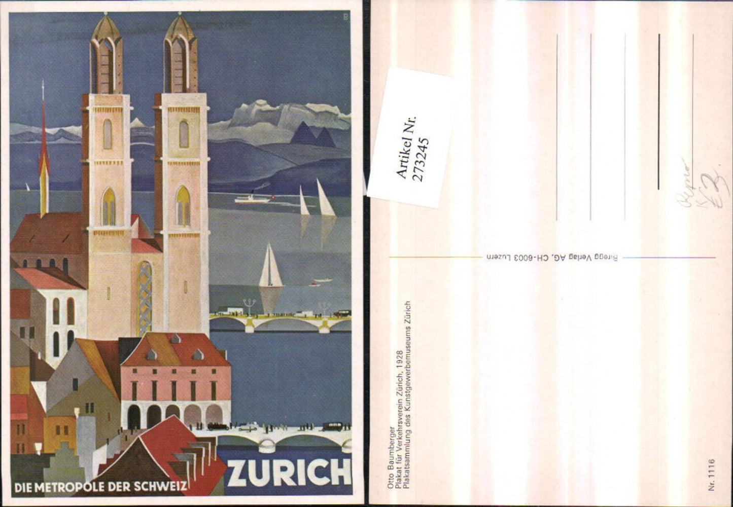 273245, Artist AK Repro Otto Baumberger Poster for Zurich Tourist Office Church Mountain scenery