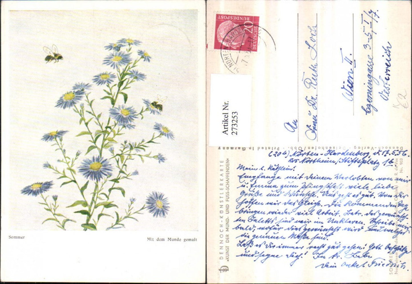 273253,Künstler AK R. De Vos Mundgemalt Sommer Blaue Astern Blumen Bienen