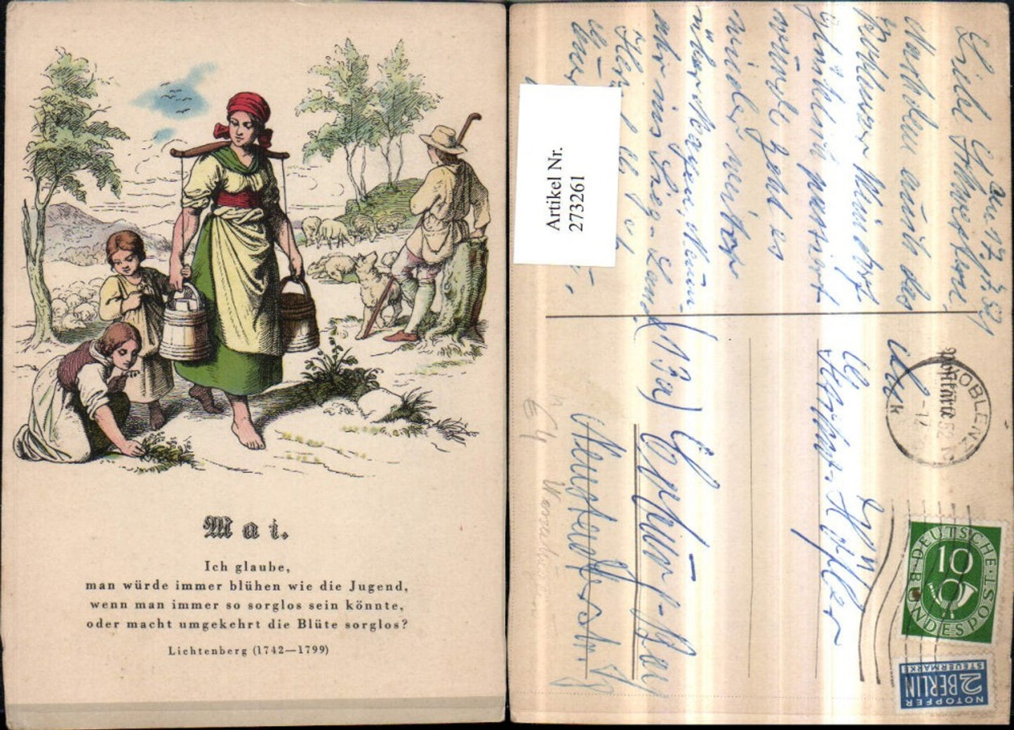 273261,Künstler AK Frau m. Kleid Wasserträgerin Hirte Schäfer Frau b. Blumen pflücken