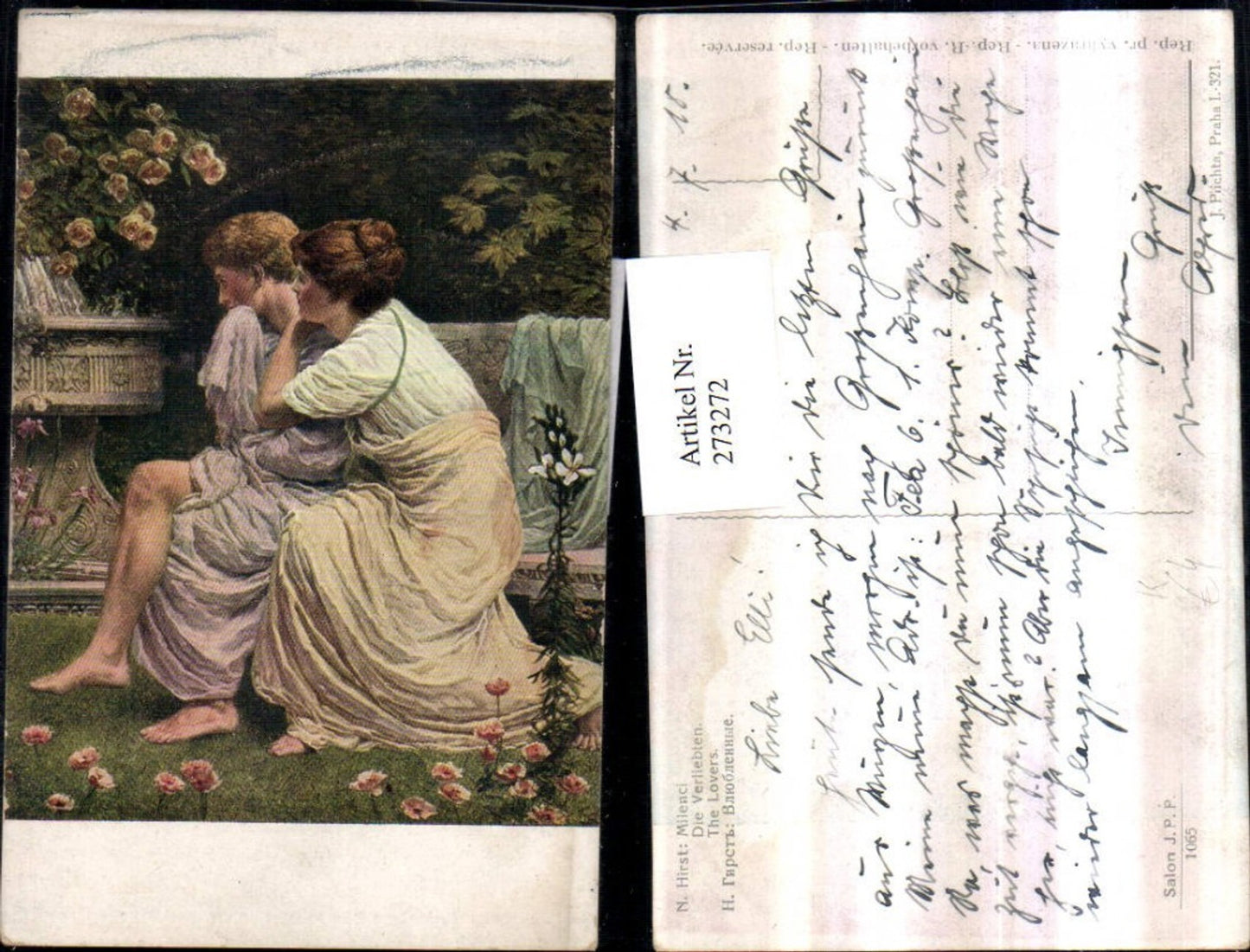 273272,Künstler AK N. Hirst Die Verliebten Liebespaar Liebe Kleid Toga Brunnen