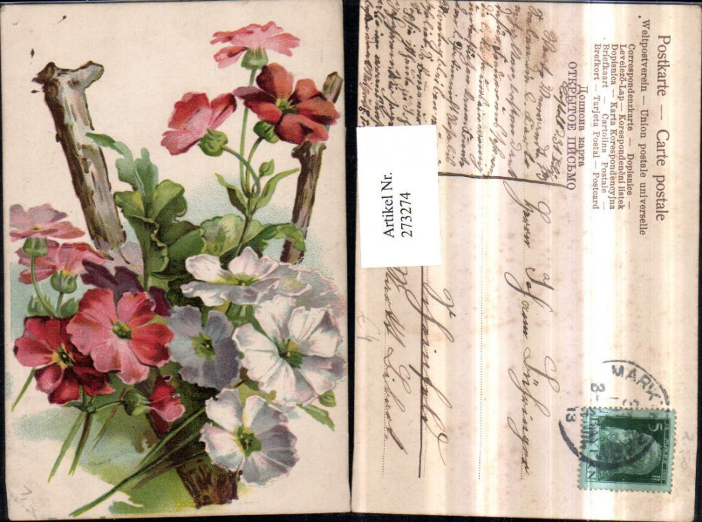273274,Künstler AK Rote u. Weiße Blumen Zweig