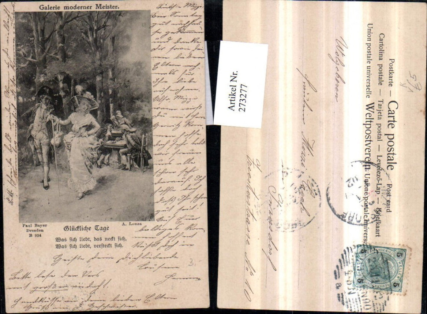 273277,Künstler AK A. Lonza Glückliche Tage Liebespaar Frau m. Hut Hutmode Kleid pub Paul Bayer 934