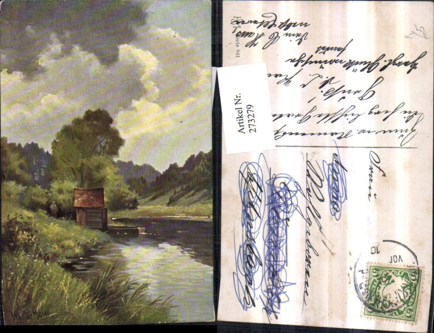 273279,Künstler AK Werner Meier Landschaft Häuschen See Partie