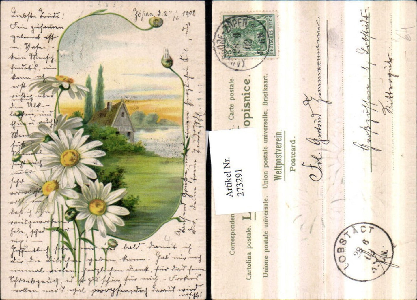 273291,Künstler Präge AK Landschaft Häuschen Passepartout Margeriten Blumen