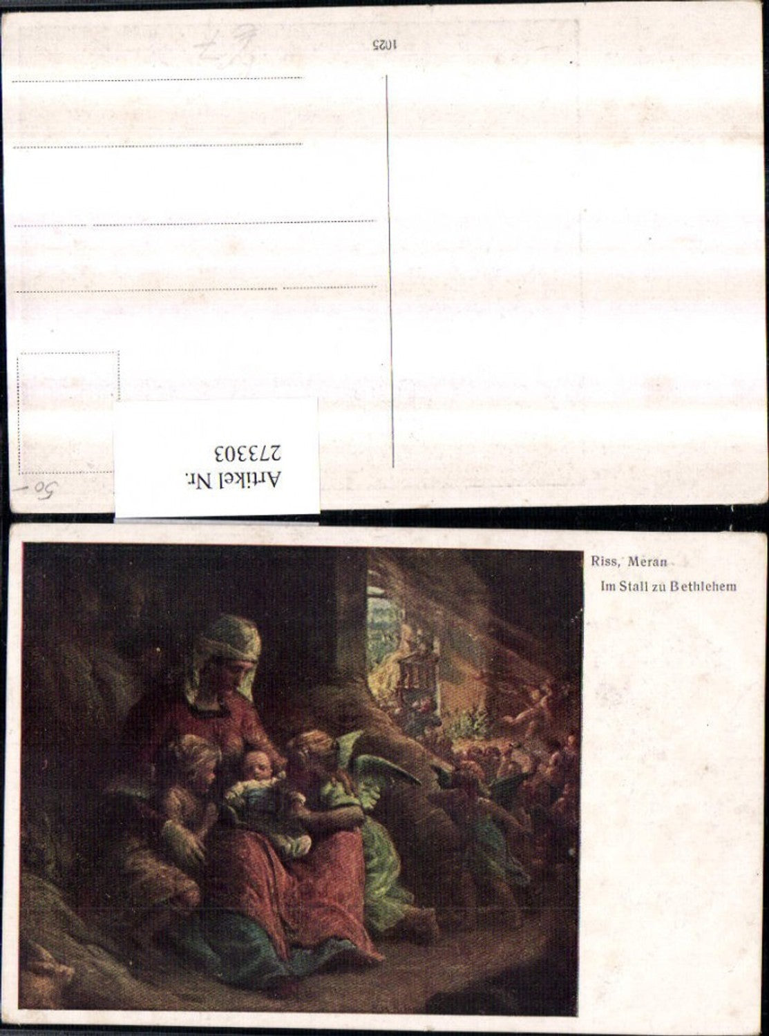 273303,Künstler AK Riss Meran Im Stall zu Bethlehem Maria m. Jesuskind Christus Engeln