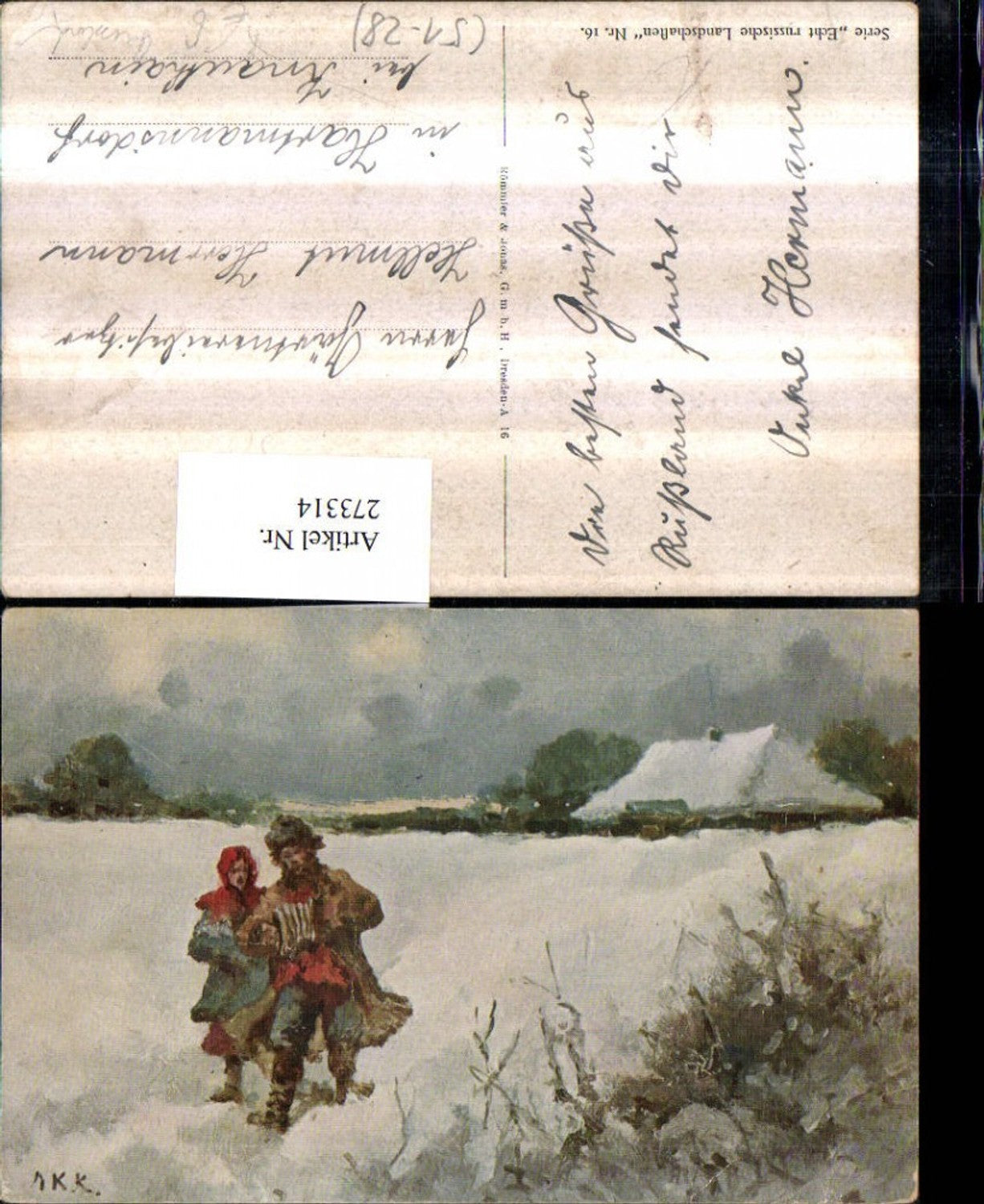 273314,Künstler AK Russland Russische Landschaft Mann u. Frau Ziehharmonika