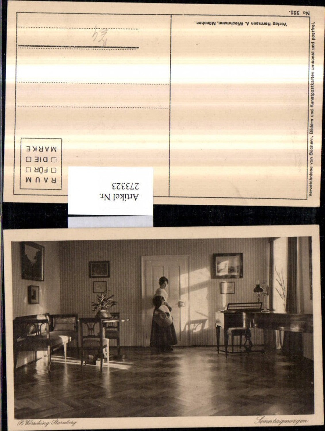 273323,Künstler AK R. Wörsching-Starnberg Sonntagmorgen Frau m. Kleid Hut Zimmer Flügel Klavier