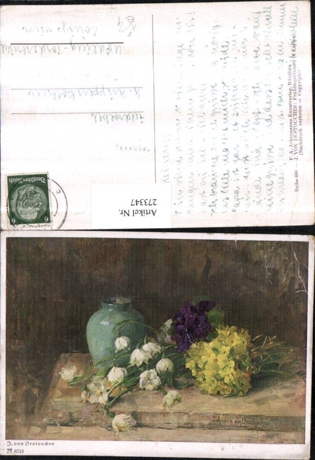 273347,Künstler AK Johanna von Destouches Frühlingsblumen Blumen Märzenbecher Vase pub Ackermann 6713