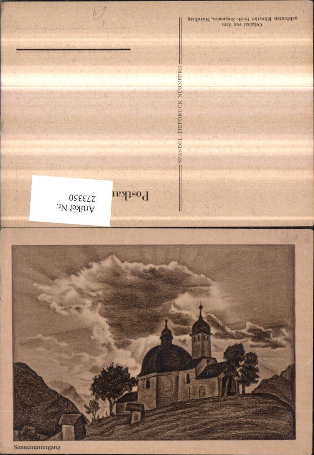 273350,Künstler AK Erich Stegmann Sonnenuntergang Kirche Bergkulisse