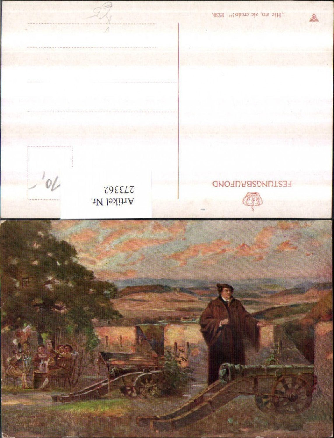 273362,Künstler AK Hic sto sic credo Festungsbaufond 1530 Mann m. Mütze Mantel Kanonen Männer m. Bierkrügen