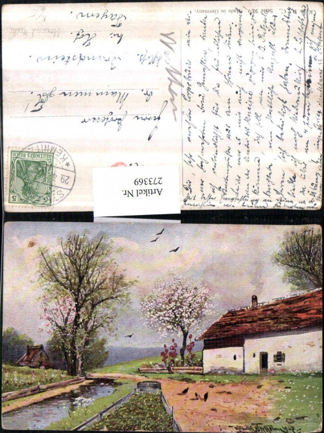 273369,Künstler AK Heinrich Wertheim Landschaft Hausansicht Fluss Bach Baumblüte