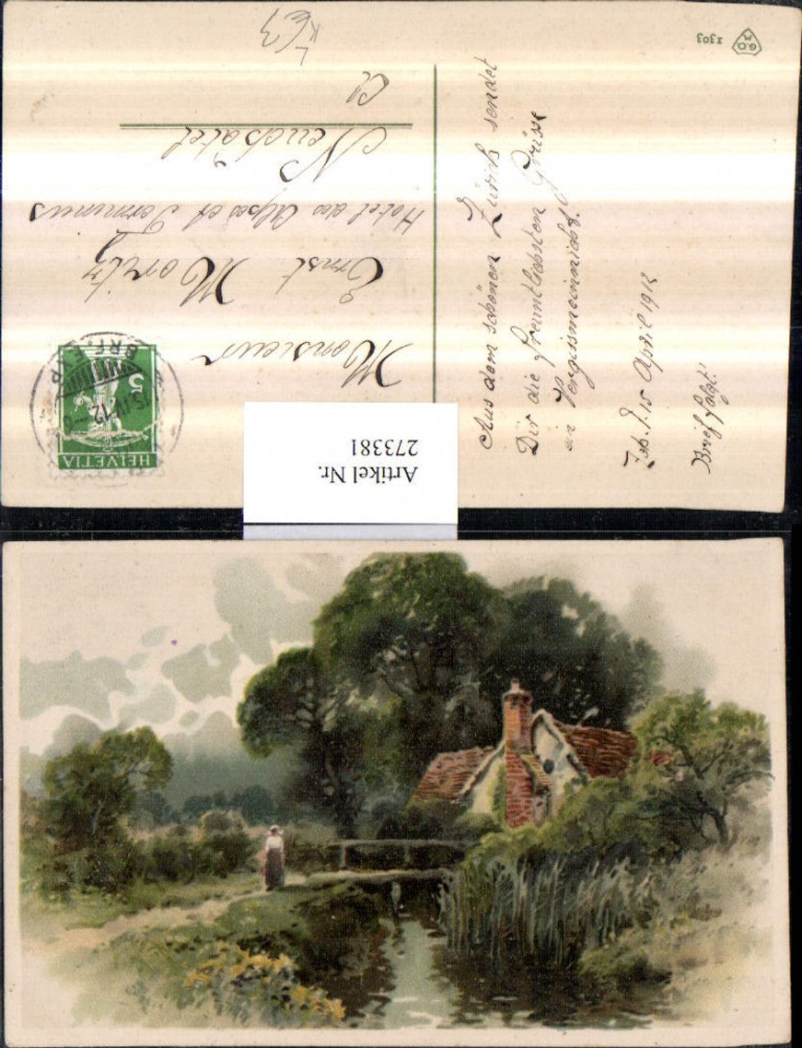273381,Künstler Litho AK Landschaft Haus Rauchfang Schornstein Brücke Bach