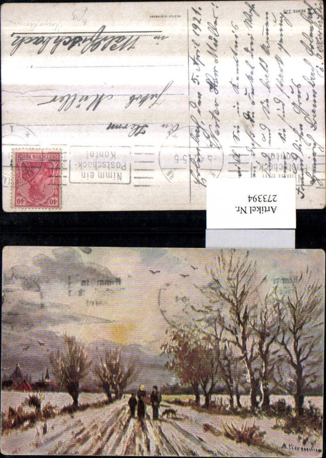 273394,Künstler AK Hugo Lissmann Winterlandschaft Personen Hund